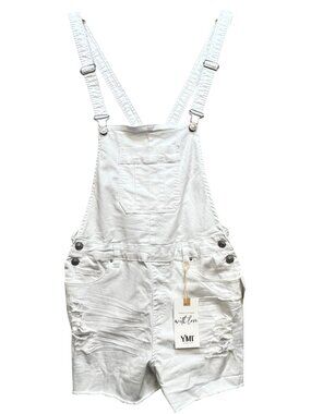 YMI Women's Distressed Cut Off Ripped Jean Overalls Shorts Size 11 White Solid